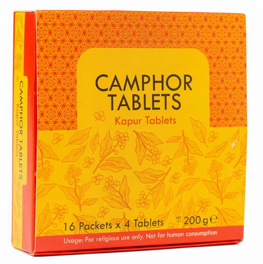 Pure Camphor Tablets (Kapur) for Religious Rituals & Pooja – 200g Box (16 Packets x 4 Tablets)