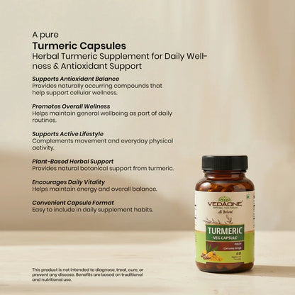 Vedaone Turmeric Capsules 60 Capsules – Herbal Turmeric Supplement for Daily Wellness & Antioxidant Support